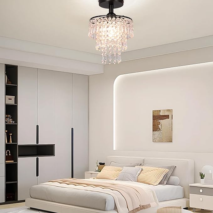 FRIXCHUR Small Crystal Chandelier Flush Mount Ceiling Light 3 Tiers Raindrops Crystal Chandeliers for Bedroom Hallway Foyer Living Room Entryway Closet,Black