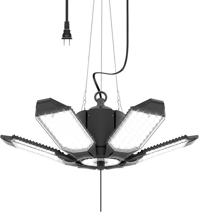 Plug in Garage Light, 180W 18000LM Linkable LED Shop Light w/Pull String and 9.84ft Power Cord, 6500K Work Lights for Garage, Workshop, Utility Room (Built-in Outlet)
