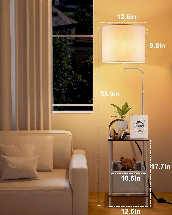 Lightdot 56" Floor Lamp with Table & Storage Bag, Dimmable Corner End Table Lamps with 350° Rotatable Fabric Lampshade, Mid Century Floor Lamps for Living, Room Bedroom, Office, E26 Bulb Include-White