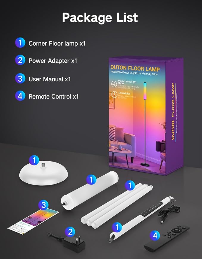 OUTON LED Floor Lamp with Remote & APP Control, 1500LM Ultra Bright Tall Standing Lamp, 16 Million Colors, 32 Scene Modes & Music Sync, Modern Corner Lamps for Living Room, Bedroom, Gaming, White