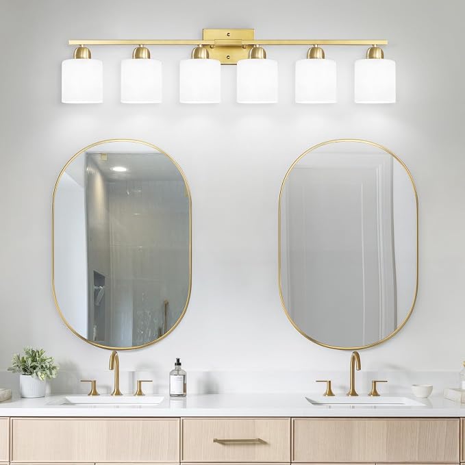 6 Light Gold Bathroom Vanity Light for Large Mirror, Gold Vanity Lights for Bathroom with Milky White Frosted Glass Shades, 38 inch Wall Lamp for Mirrors Living Room E26 Base