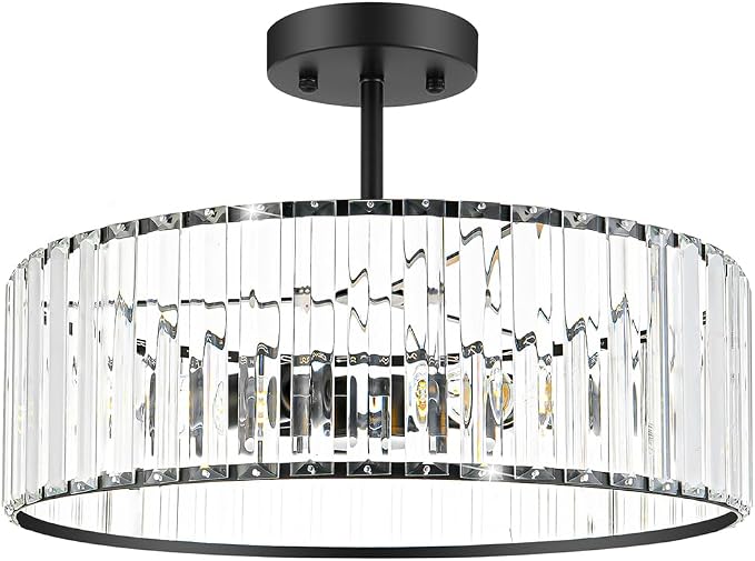 Modern Crystal Ceiling Light Fixture, Semi Flush Mount Ceiling Light, Matte Black Hallway Lighting Fixtures Chandelier, Crystal Chandelier for Kitchen Bedroom Dining Room Closet, 5-Light, 16 Inch