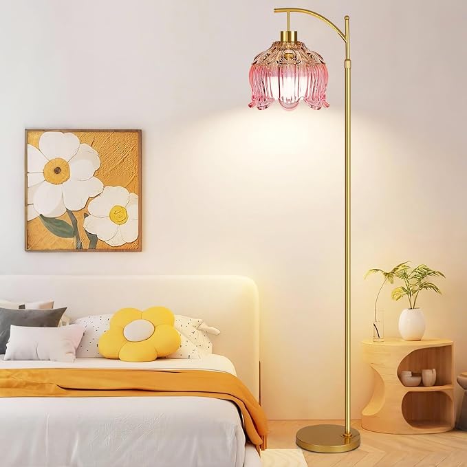ILLMTW Pink Floor Lamp for Living Room,Bedroom,Glass Mid Century Modern Standing Lamp with Remote,Dimmable Gold Brass Tall Lamp Tulip Flower Arc Floor Light Boho Bohemian
