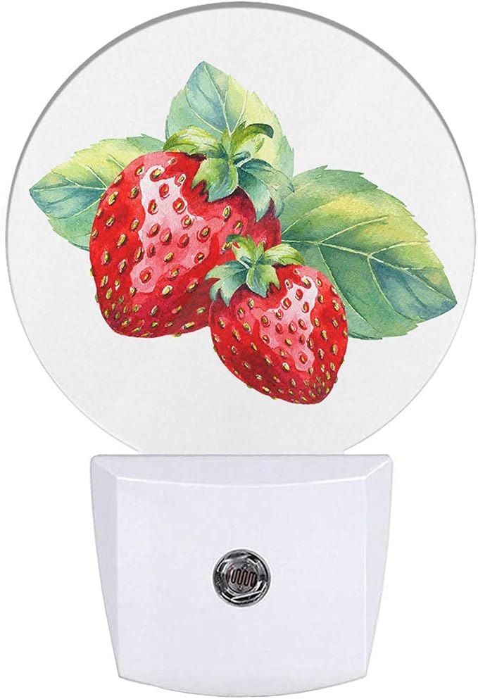 Nightlight Watercolor Strawberry with Fresh Green Leaf Night Lights Plug into Wall Dusk to Dawn Sensor Round Night Light for Adults Boys Girls, 0.5W Energy Efficient