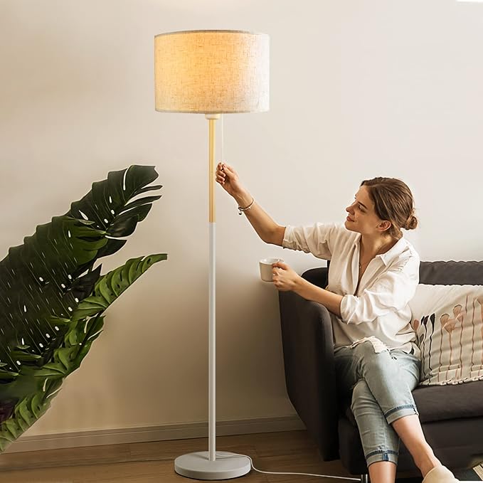 LALISU Bedroom Floor Lamp Farmhouse Floor Lamps for Living Room Mid-Century Pole Lamp Linen Lamp Shade, Standing Tall Lamps for Bedrooms and Office (White)
