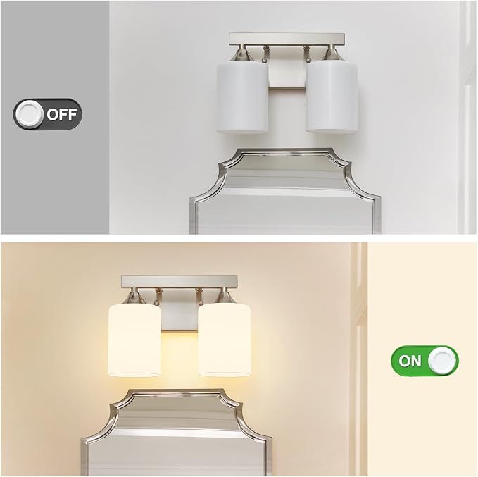 ZHU YAN 2-Light Bathroom Vanity Light,Brushed Nickel Bathroom Light Fixture,Milky White Glass Shades,Modern Bathroom Wall Lamp for Mirror Living Room Cabinet Bedroom E26 Socket
