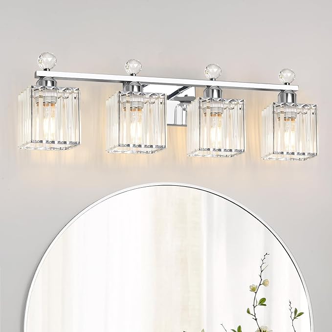 Bathroom Vanity Lights Over Mirror - Easy Installation with Clear Guide, 4-Light Shadow-Free Design, Chrome Crystal Finish - for Modern Home Bathroom Lighting Fixtures in DIY Projects