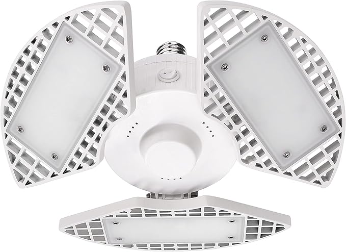 LUXRITE LED Garage Light 80W, 8000 Lumens, Deformable LED Garage Lights, 5000K Bright White, 3 Panel Garage Light, E26 Screw in Shop Light, Adjustable Garage Light, Damp Rated, ETL Listed