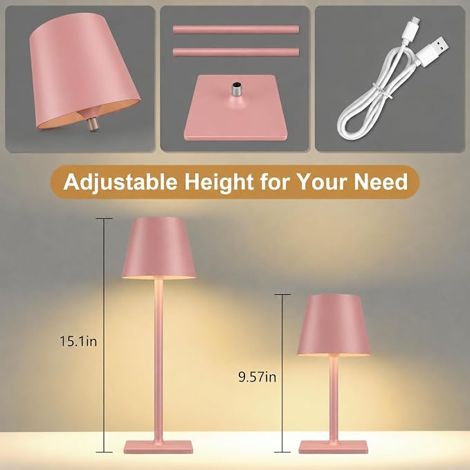 Yogaret Pink Cordless Table Lamps, 6000mAh Rechargeable Battery, 2 Pack | Portable table lights set of 2 wireless battery operated lamps for indoor tables, patio, restaurant, dinner and kitchen use