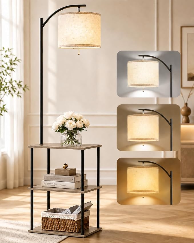 GERGO Floor Lamp with Table, Side Table for Living Room, 3 CCT 9W LED Bulb | Adjustable Linen Shade & Pull Chain, Modern Coffee End Table, Night Stand with Storage Shelves for Bedroom, Office Home Décor