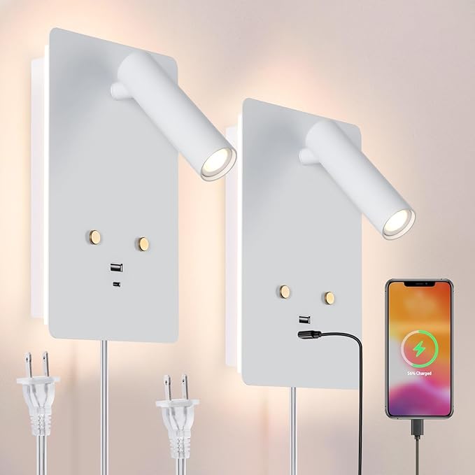 ZEROUNO Wall Mounted Reading Light Set of 2,Dimmable Adjustable Headboard Plug in Wall Sconce with USB A+C Ports,Touch Control Wall Light for Bedroom Bedside Lamps