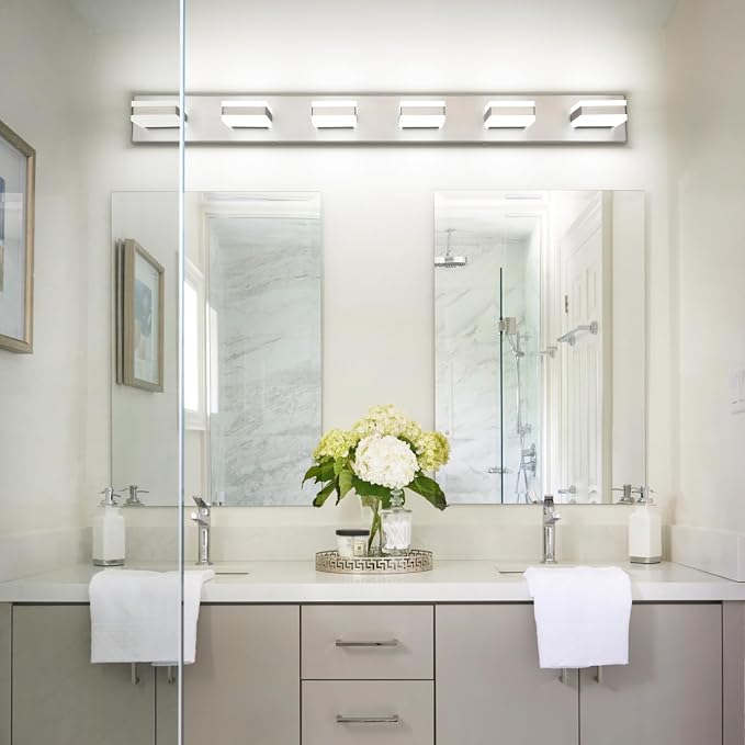 SOLFART LED Modern Bathroom Vanity Lights Over Mirror, Brushed Nickel Vanity Light Fixture 6 Light, LED Nickel Bathroom Lights Cool Light 6000K
