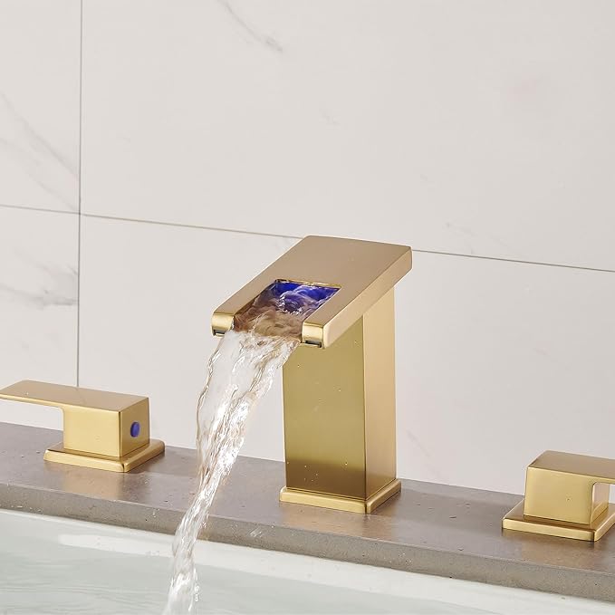 LED Bathroom Faucet 3 Hole, Brushed Gold Waterfall Bathroom Faucets, 8 Inch Widespread Modern Bathroom Sink Faucet, Wide Spread Touch On Three Hole 2 Handle Bathroom Vanity Faucet
