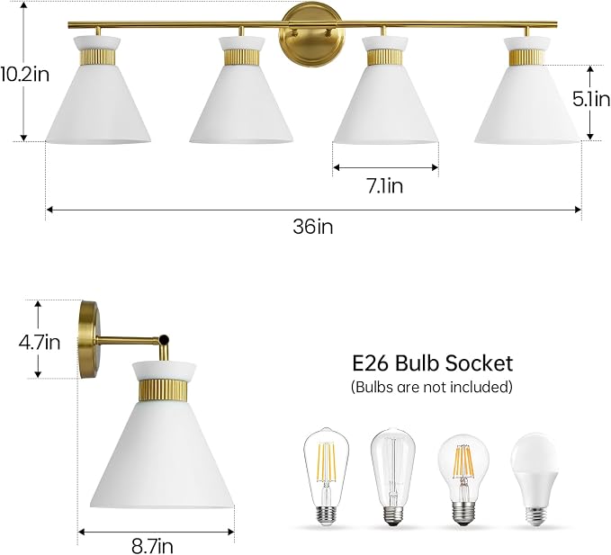 WOSHITU Bathroom Vanity Light Fixtures: 4 Bulb Mid Century Modern Vanity Lights for Bathroom, Brass Gold Wall Sconce Lighting with Frosted Milky Glass for Over Mirror Bath