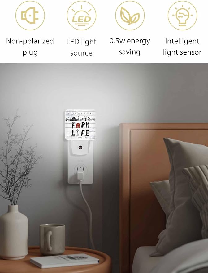 Vintage Night Lights Plug into Wall LED Night Light Farmhouse Chicken Pig Barn Wood Grain Automatic Dimmable Dusk-to-Dawn Square Shaped Smart Nightlight for Bathroom/Bedroom