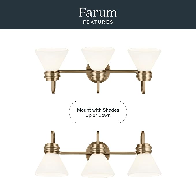 Kichler Farum 3-Light Bathroom Vanity Light, Champagne Bronze | Modern vanity light with opal glass for bathroom mirrors (26" x 9.5"), 55155CPZ