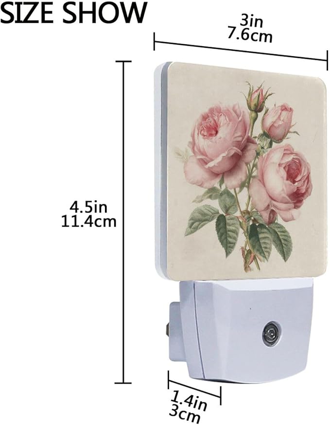 Pink Roses Vintage Night Light Dusk to Dawn Sensor LED Night Dimmable Nightlight Lights Plug into Wall for Living Room