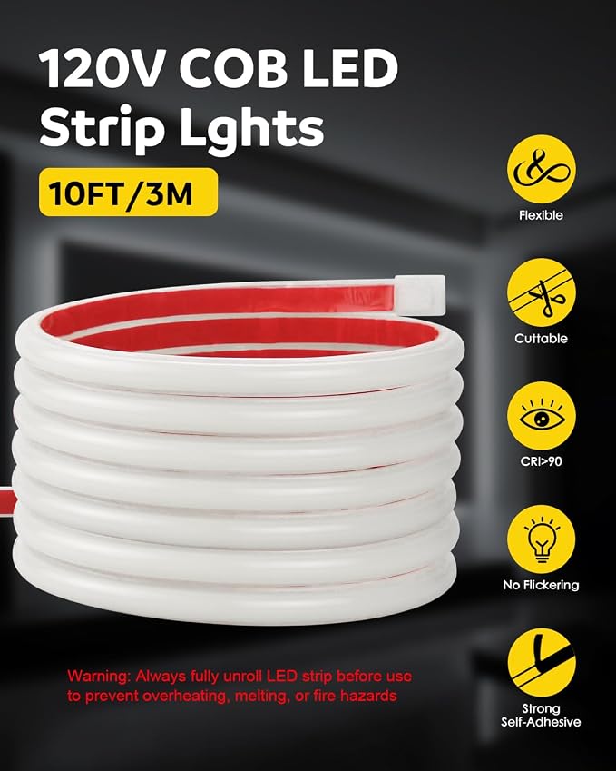 Aclorol COB LED Light Strip 120V 10FT Under Cabinet LED Strip 110V Cold White 6000K CRI90+ Flexible and Unifrom Waterproof IP67 Rope Lights for Bedroom Balcony Patio Outdoor Lighting Project 288LEDs/M