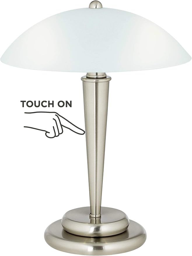 Deco Dome 17" Small Table Lamp Touch On-Off Accent Brushed Nickel | Frosted White Glass Modern Living Room Bedroom House Bedside Nightstand Home Office Reading Family