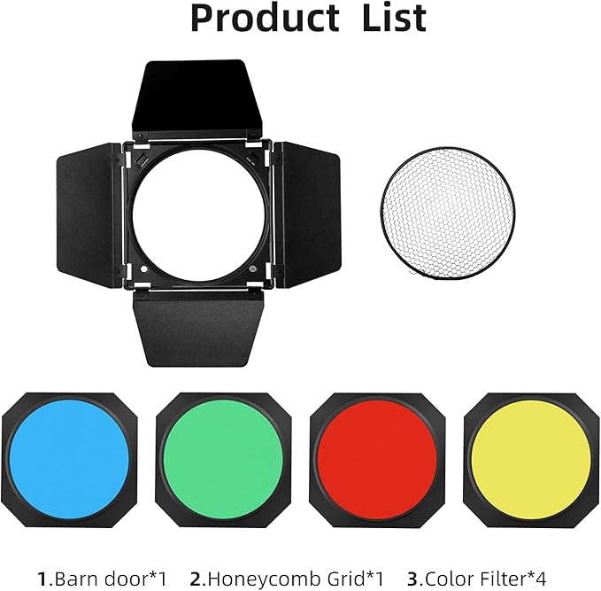 Godox BD-04 Barn Door & Honeycomb Grid &4 Color Gel Filters Compatible for Standard Reflectors Accessories kit