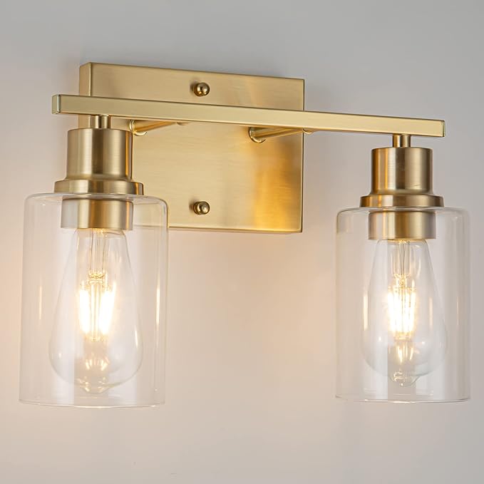2-Lights Gold Bathroom Light Fixture, Brushed Brass Vanity Light with Clear Glass Shade, Modern Bath Wall Lights for Living Room, Hallway, Bedroom
