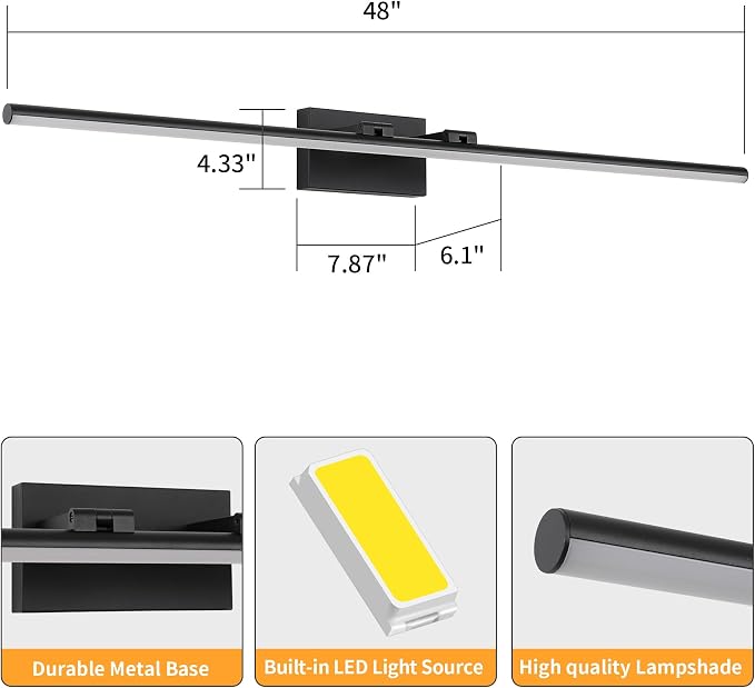 LED Bathroom Vanity Light, Modern Bathroom Light Fixture Over Mirror (Cool White 6000K), Vanity Light Bar with Angle Adjustable, 48 Inch, Black
