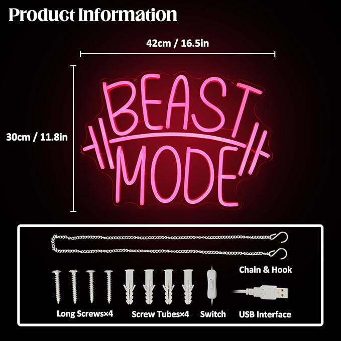 Beast Mode Neon Signs for Wall Decor Red Letter LED Neon Light Gym Neon Sign Barbell LED Neon Lights Signs Dumbbell Neon Wall Sign for Bedroom Gym Sports Room Fitness Club Decor