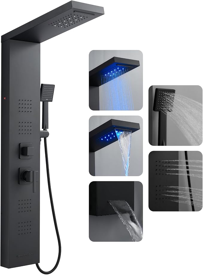 ROVOGO Shower Panel Tower System with Led Lights and 5 Shower Modes, 46.5" | Rainfall Waterfall Shower Head, 4 Body Jets, Handheld & Tub Spout, Stainless Steel Shower Column w/ Brass Valve, Matte Black