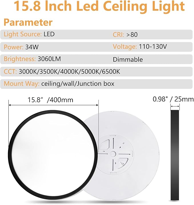 4PK Dimmable 15.8 Inch Led Ceiling Light Flush Mount, 34W, 3060LM, 3000K/3500K/4000K/5000K/6500K CCT, 0.98" Super Slim Close to Ceiling Round Flat Panel Light for Hallway,Kitchen ect, Black