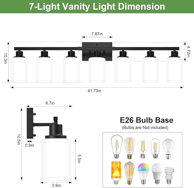 MOKATNG 7-Light Bathroom Light Fixtures, Vanity Light with Milky White Shades, Matte Black Bathroom Light Fixtures Over Mirror, Modern Bathroom Wall Lamp for Mirror Living Room Cabinet Bedroom