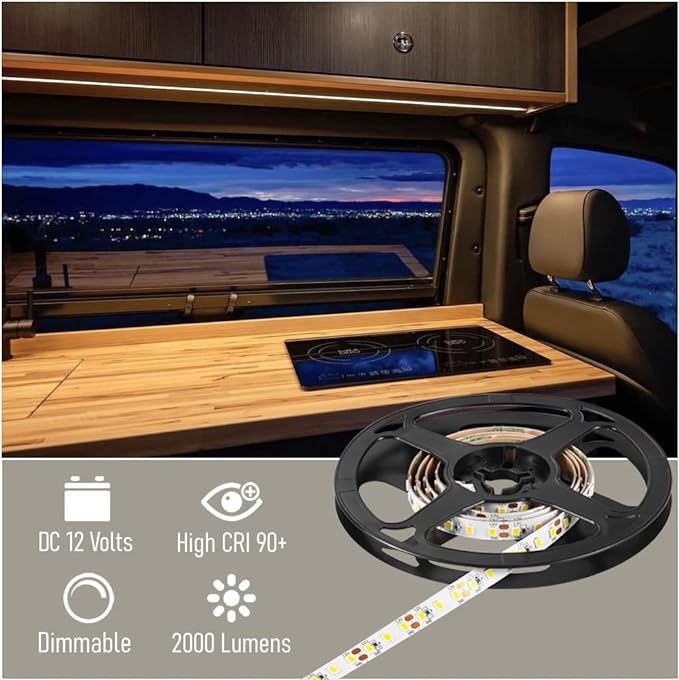 RV Flexible LED Strip Light 12V Dimmable Tape Light 16.4 ft 600 LEDs 2000 Lumen Width 5/16” for Camper Van Motorhome Truck Trailer Interior Lighting, CRI 90+ Indoor Only (3000K)