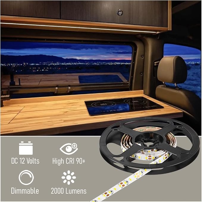 RV Flexible LED Strip Light 12V Dimmable Tape Light 16.4 ft 600 LEDs Width 5/16” for Camper Van Motorhome Truck Trailer Interior Lighting, 2000 Lumen CRI 90+ Indoor Only (6500K)