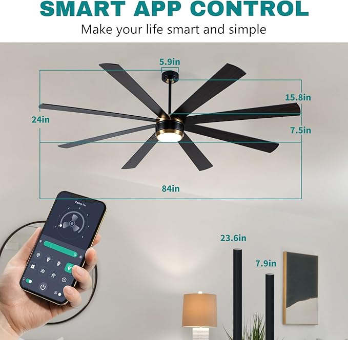 SHOWDI Ceiling Fan with Lights and Remote Control, 8 Blade App Commercial Industrial Ceiling Fan with Lights Reversible Stepless Brightness and Color Temperature(Black-Gold, 84 Inch)