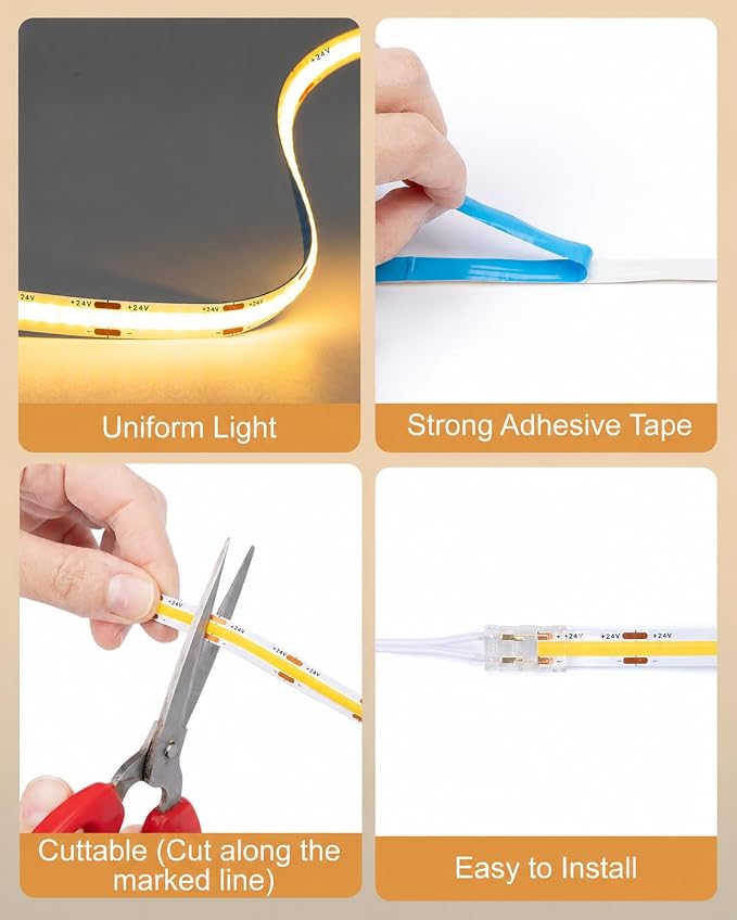JUSJUBR Shelf Lighting, 32.8ft 24V Dimmable Cuttable COB LED Strip Lights, Warm White 3000K, LED Lights for Shelves, Cabinets, Bookshelves, Display Cases, Closets, Wall Panels and Kitchens