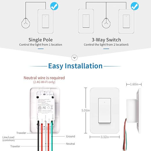 3 Way Smart Light Switch, Compatible with Alexa, Google Assistant, IFTTT, WiFi, Neutral Wire Required, Schedule Setting APP Remote Control, ETL, No Hub Required (3 Way Smart Switch 2pack)