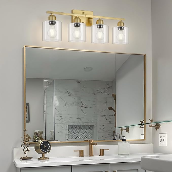 Modern Brushed Gold 4 Light Bathroom Light Fixtures, 24 inch Vanity Lights for Bathroom with Clear Glass, Bathroom Vanity Light for Mirror Kitchen Living Room Hallway Cabinet Porch