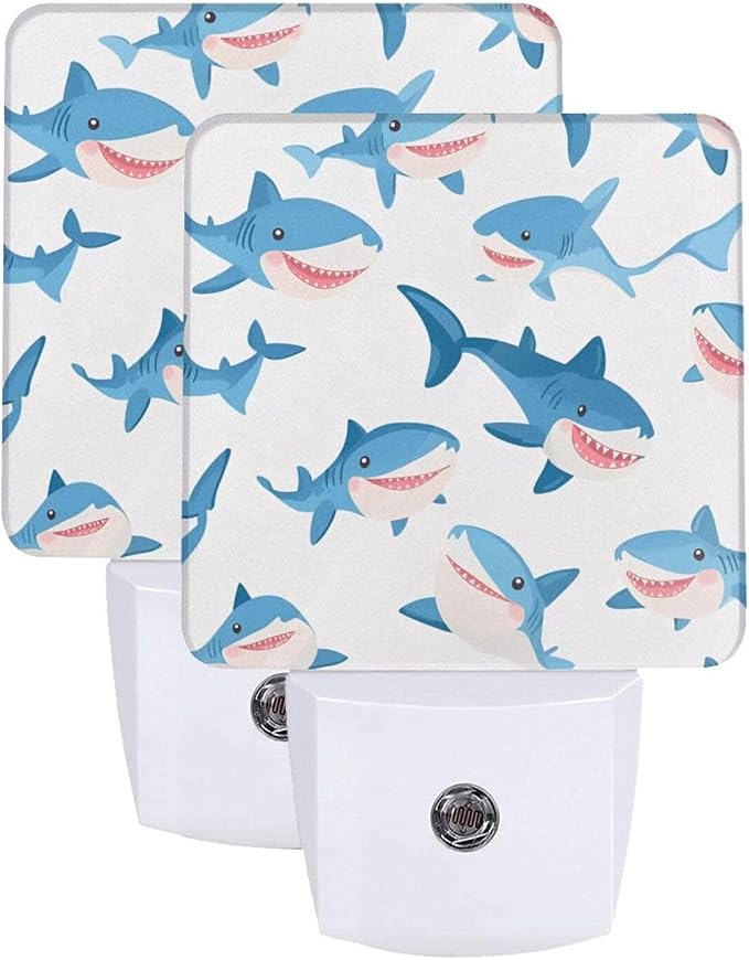 Cartoon Blue Sharks LED Plug-in Night Lamp 2 Piece Set, Auto Sensor Nightlights Set of 2 for Bedroom Bathroom Corridors
