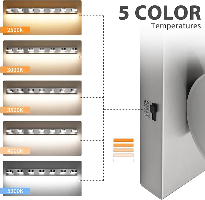 Modern Bathroom Light Fixtures Over Mirror 7 Light Vanity Light | 55.12in 42W LED Dimmable Bath Lights, Wall Mounted Lighting Fixture with Rotating Lamp Head, Acrylic Metal, 5CCT Dimmable