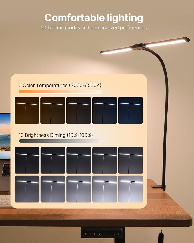 VEVOR LED Desk Lamp with Clamp, Double Head Architect Desk Lamp for Home Office, Eye-Caring Desk Light with 360° Adjustable Gooseneck, 50 Lighting Modes & Timer Function for Studying Working Drawing