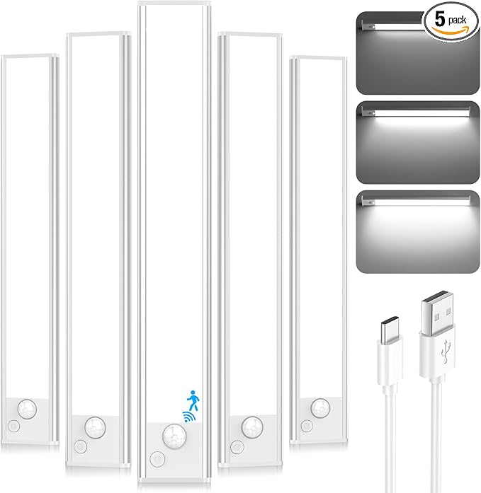 12'' Under Cabinet Lights, LED Rechargeable Battery Operated Motion Sensor Lights Indoor, 2500mAh Magnetic Wireless Closet Lights, Dimmable Under Counter Cupboard Night Light for Kitchen, Home, 5 Pack
