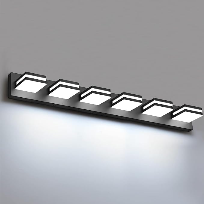 IZORRO LED Modern Bathroom Lights Fixtures(6-Light,Dimmable,360°Rotate),Matte Black Acrylic Wall Lighting,Vanity Lights for Bathroom Over Mirror - 6000k 36In （No Assembly Required）
