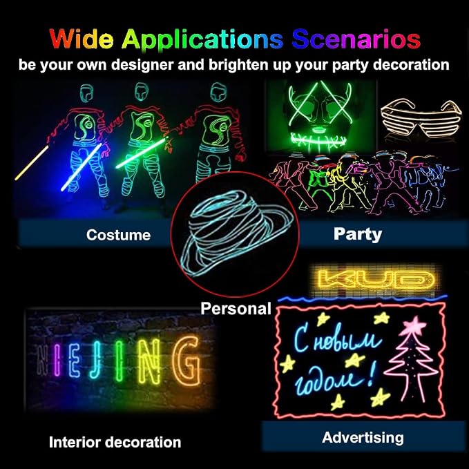 MaxLax EL Wire Fluorescent Green 5-Pack, 9ft/2.75m Neon Light Wire with Noise Reduction and Battery Pack…