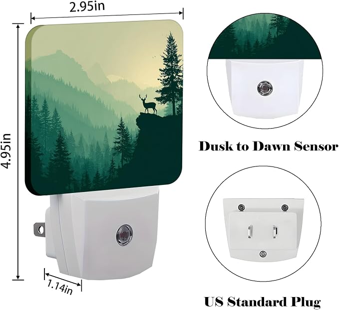 Misty Forests Night Light,Deer and Mountains Plug Into Wall with Dusk to Dawn Light Sensors,Warm Nightlights for Bedroom,Bathroom,Hallway,Kitchen,Gifts Ideal for Boys Girls Women Men