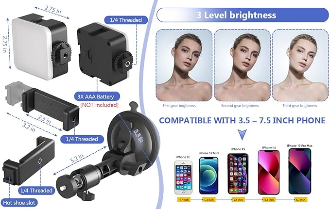 Suction Cup Mirror Phone Holder with Light, Travel Wall Phone Camera Mount for Makeup Content Creator Essentials, Mirror Tripod for Bathroom Kitchen Compatile with All Smooth Surface