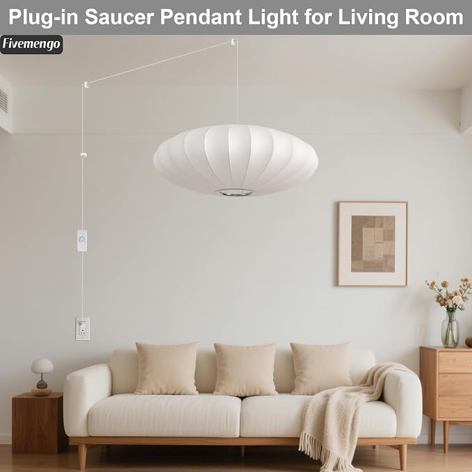 23.6in Plug in Lantern Pendant Light, Large White Imitation Silk Pendant Light Wabi Sabi Saucer Japanese Bubble Hanging Lamp Chandelier for Living Dinning Room Kitchen Island Bedroom 1 Pack