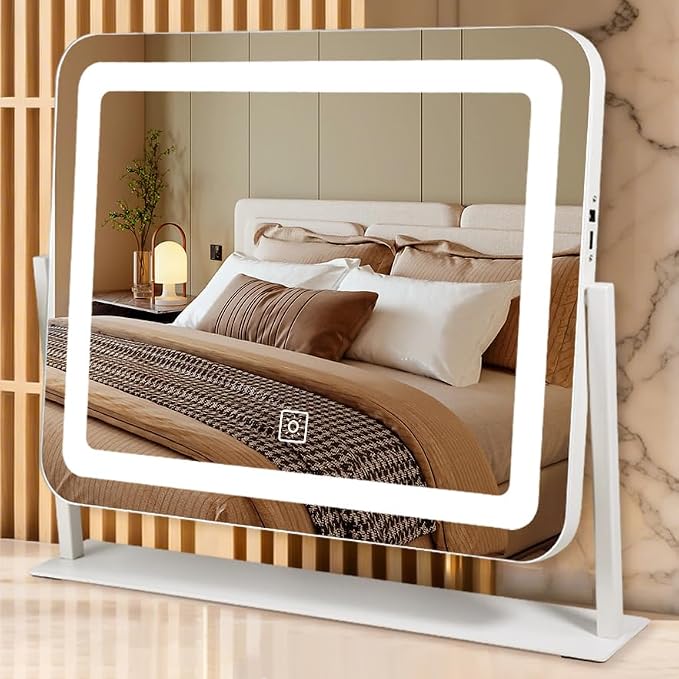 YEKKOPT 16"x20" Desk Makeup Vanity Mirror with Lights - Smart Touch Control, Dimmable Light (3 Modes), for Makeup Desk, Bedroom, Dressing Room