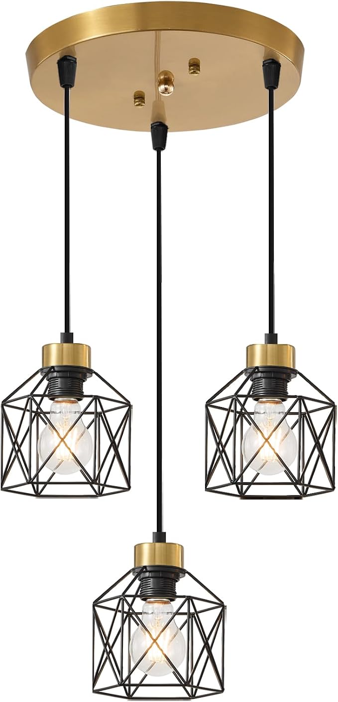 Black and Gold 3-Light Pendant Light Fixture, Farmhouse Hanging Pendant Lighting, Dining Room Chandelier, Industrial Hanging Light Fixture, Metal Cage Pendant Ceiling Lamp for Kitchen