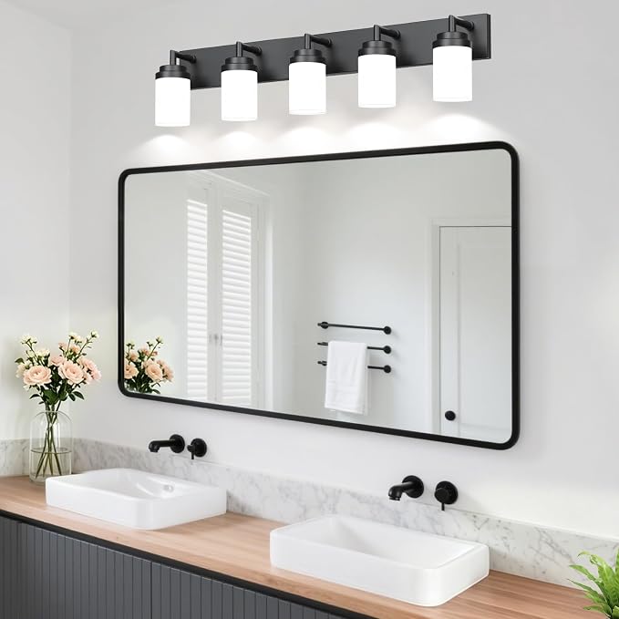 Bathroom Light Fixtures, Matte Black Bathroom Lighting Fixtures Over Mirror, Modern Vanity Light with White Glass Shade, Restroom Lighting Fixtures, 5-Light 36-inch