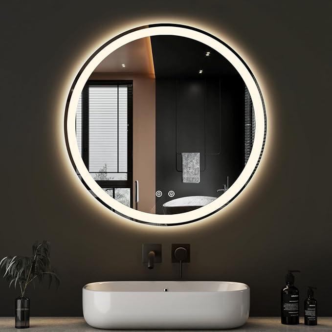 Sweetcrispy 28 Inch Round LED Mirror for Bathroom with Lights, Circle Vanity Mirror with Anti-Fog, Dimmable, 3-Color Light, Memory Function, Tempered Glass