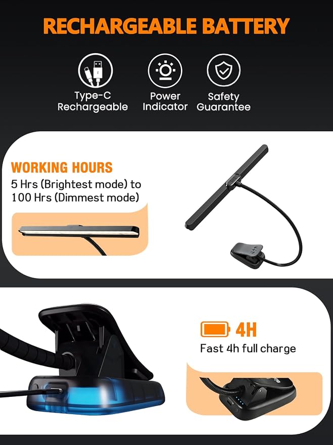 Vekkia Professional 116 LED Rechargeable Music Stand Light | Foldable Clip-on Lamp/Eye-Protective/5 Brightness & 3 Color Temp Adjustments, for Piano, Reading